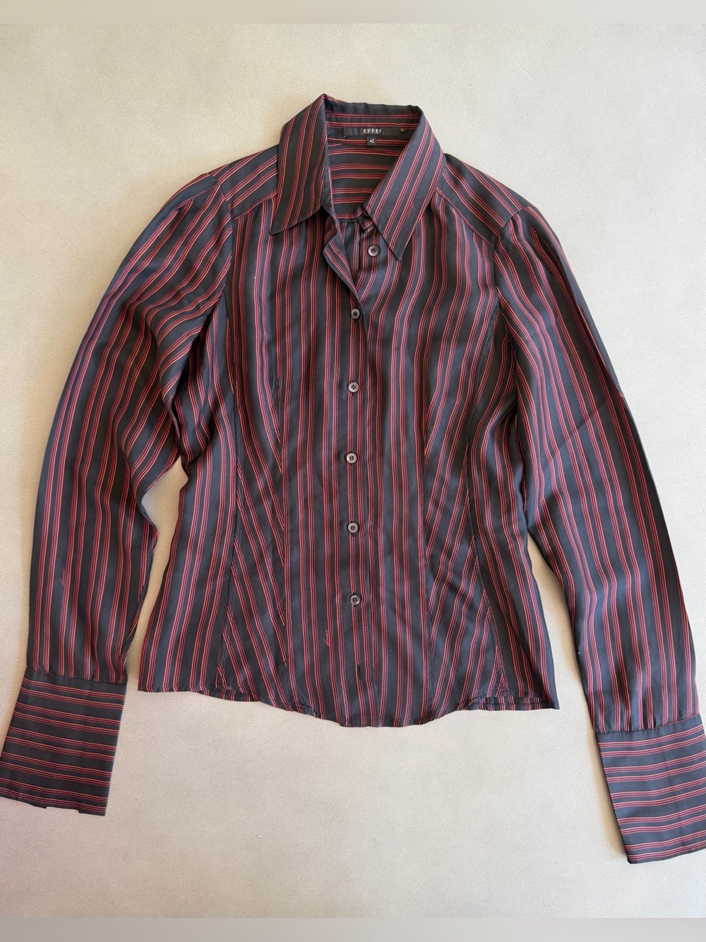 Gucci Silk Black and Burgundy Vertical Stripe Button Shirt